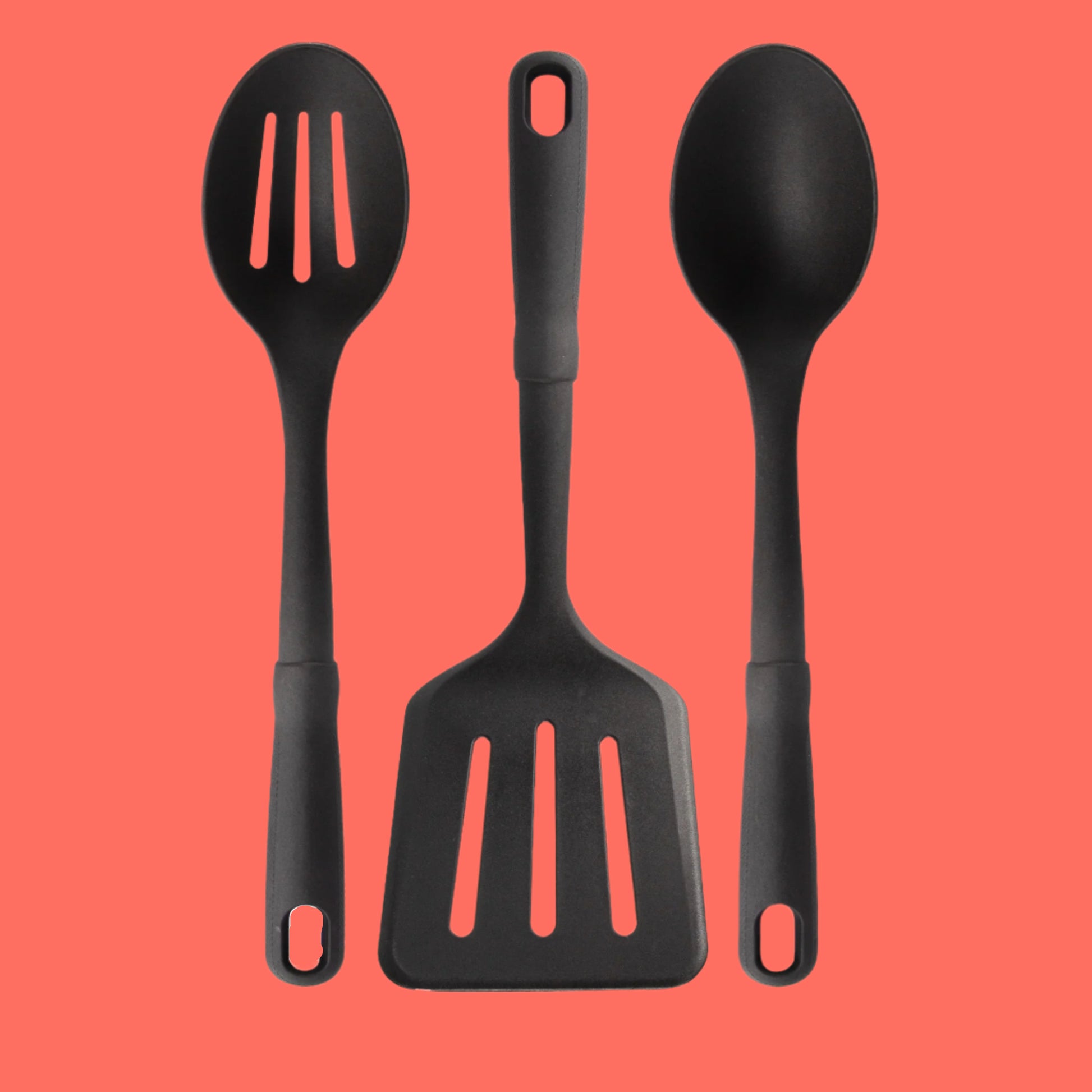 3-Piece Kitchen Utensil Set, Slotted Spatula, Slotted Spoon and Solid Spoon, Black, Nylon