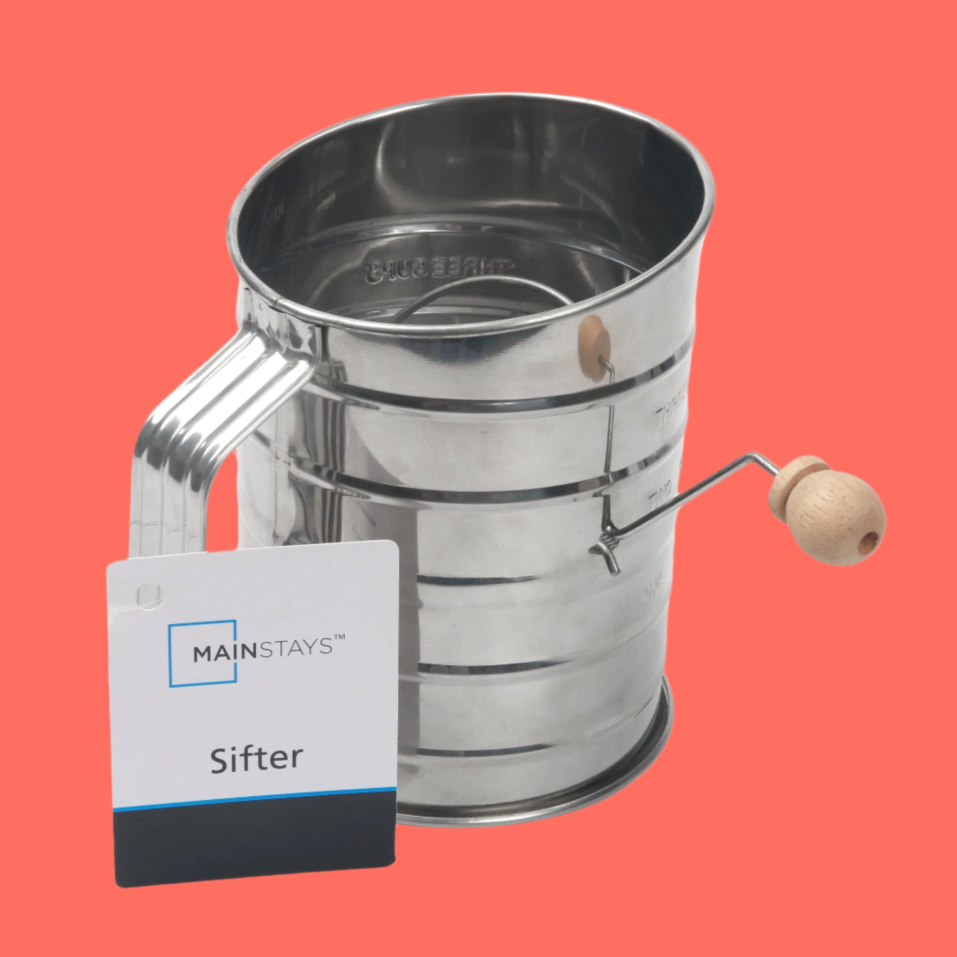 Stainless Steel 3 Cup Flour Hand-Crank Sifter with Beechwood Handle Silver