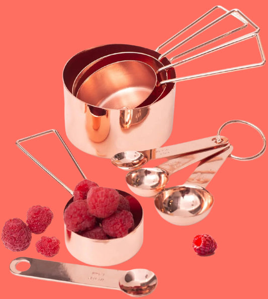 Copper Measuring Cups and Spoons Set – 8-Piece Stackable Stainless Steel Metal Measuring Utensils – Stylish and Sturdy Rose Gold Kitchen Accessories for Baking and Cooking