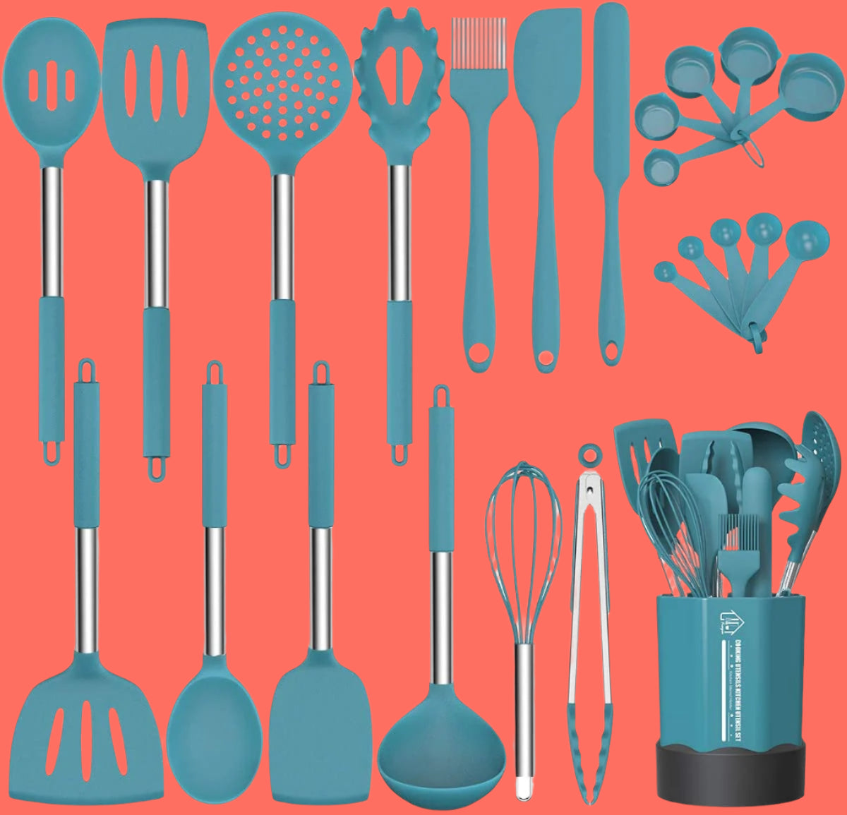 Silicone Cooking Utensil Set,  Non-Stick Kitchen 24 Pcs Cookware, Heat Resistant , Silicone Kitchen Tools Gift with Stainless Steel Handle (Blue-24Pcs）