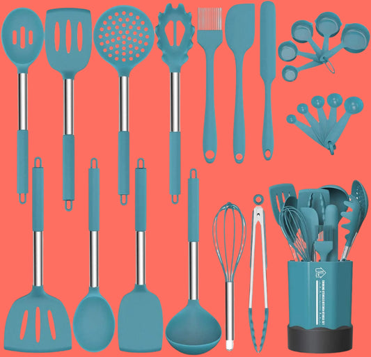 Silicone Cooking Utensil Set,  Non-Stick Kitchen 24 Pcs Cookware, Heat Resistant , Silicone Kitchen Tools Gift with Stainless Steel Handle (Blue-24Pcs）