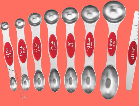 Red Stainless Steel Magnetic Measuring Spoons Set of 8 with Leveler, Dual Sided Nesting Teaspoon & Tablespoon Measuring Spoons, Kitchen Gadgets for Baking & Cooking, Fits in Spice Jars