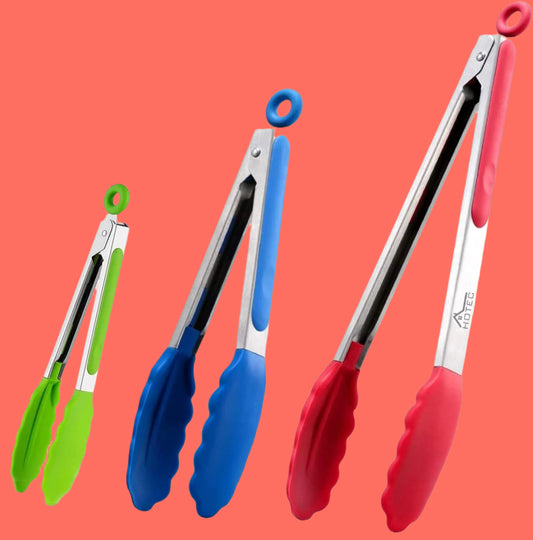 Premium Stainless Steel Locking Kitchen Tongs with Silicon Tips, Set of 3-7", 9" and 12" Multicolor