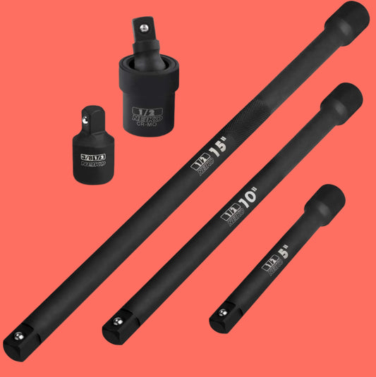 00256A 1/2-Inch Drive Impact Extension Bar and Adapter Set, 5-Piece | Includes 5, 10, 15-Inch Extension Bars, Universal Joint, and Reducer