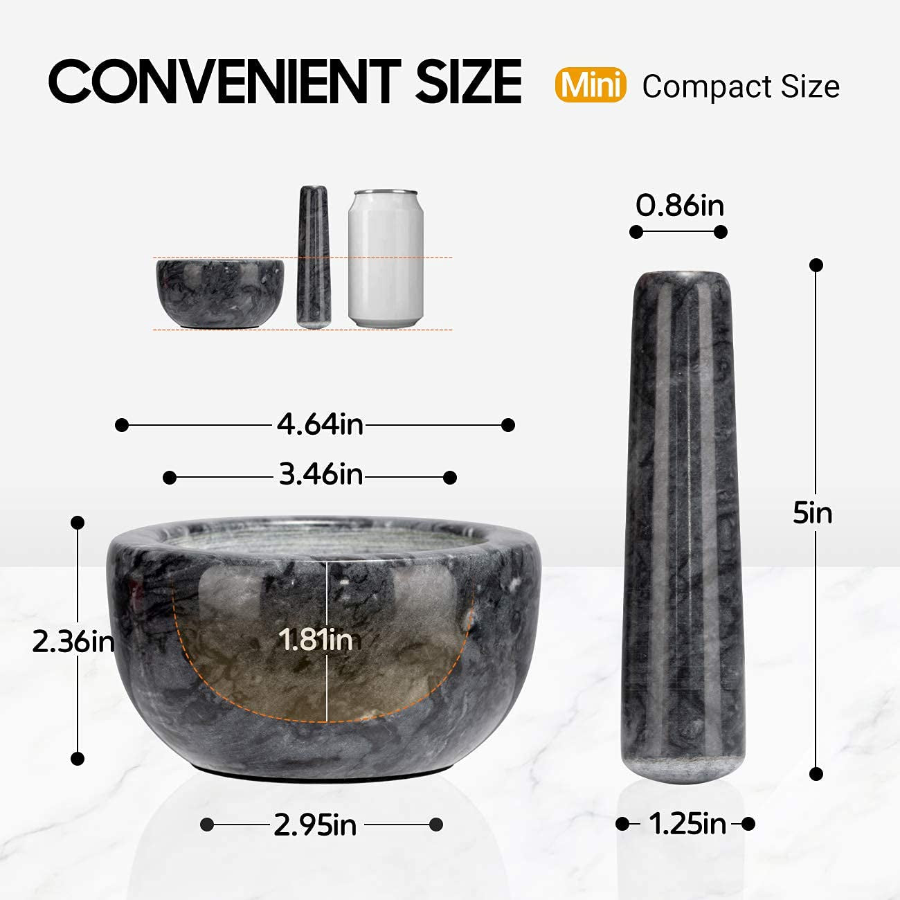 Marble Mortar and Pestle Set Small Bowl Solid Stone Grinder Spice Herb Grinder Pill Crusher (Black, Diameter 4.64")