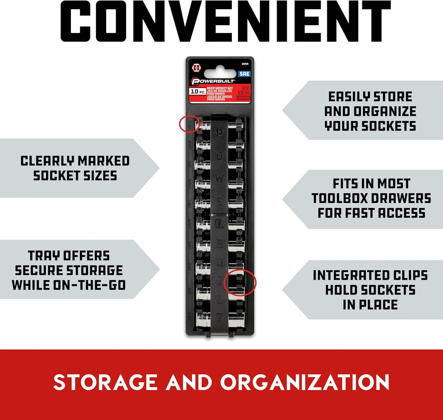 10 Piece 1/4 Inch Drive SAE 6 Point Deep Socket Set, Z-Drive Grips, Chrome Vanadium Steel, Meets ANSI Standards - 640499