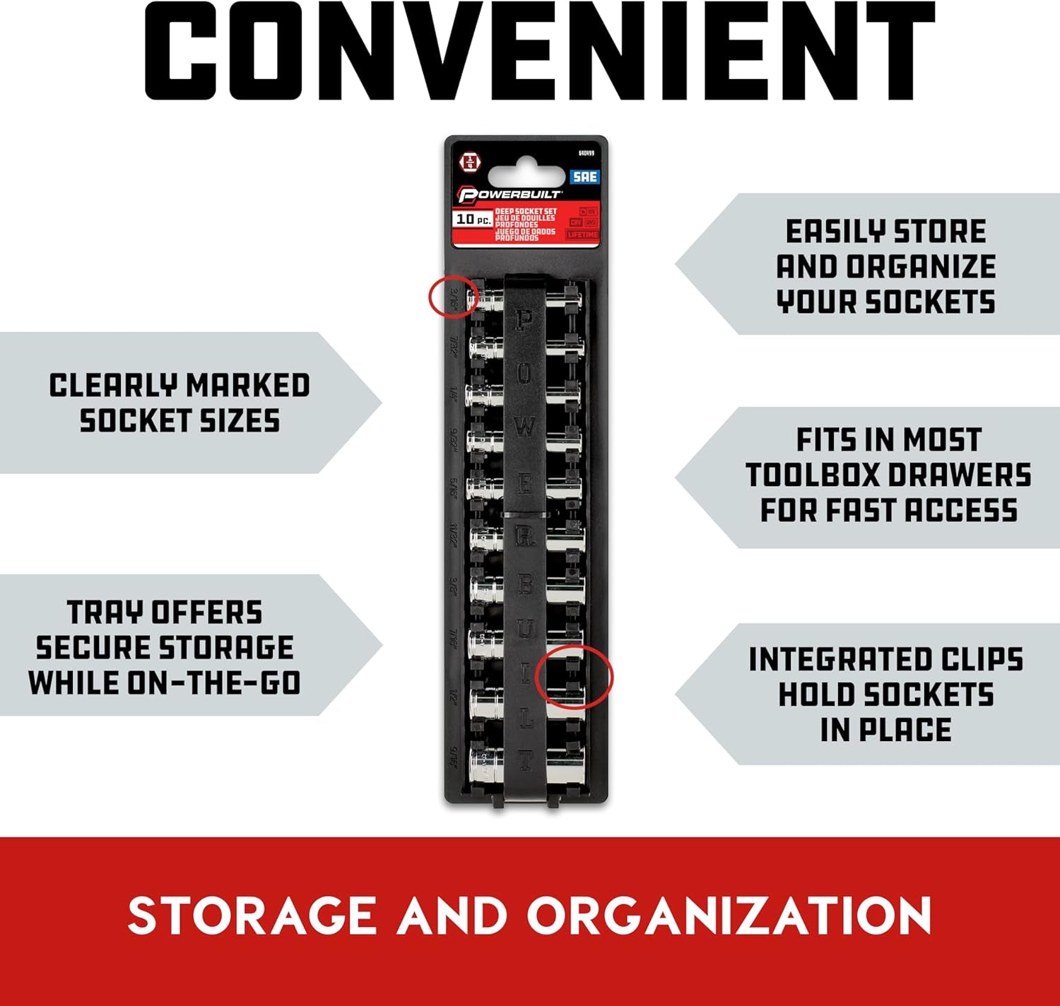 10 Piece 1/4 Inch Drive SAE 6 Point Deep Socket Set, Z-Drive Grips, Chrome Vanadium Steel, Meets ANSI Standards - 640499