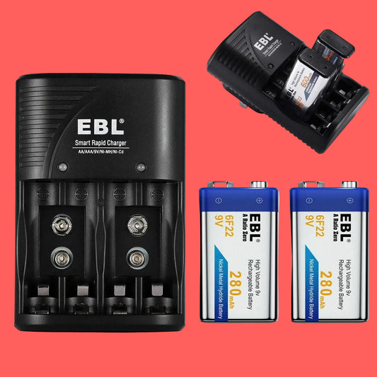 2 Pack 280Mah 9-Volt Nimh Rechargeable Batteries with 2-Slot 9V 6F22 9 Volt Battery Charger US Plug